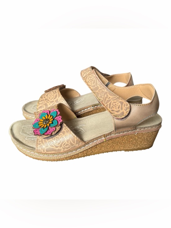 L'artiste Shoes - Women's Beige Wedge Sandals with Colorful Flower Accent